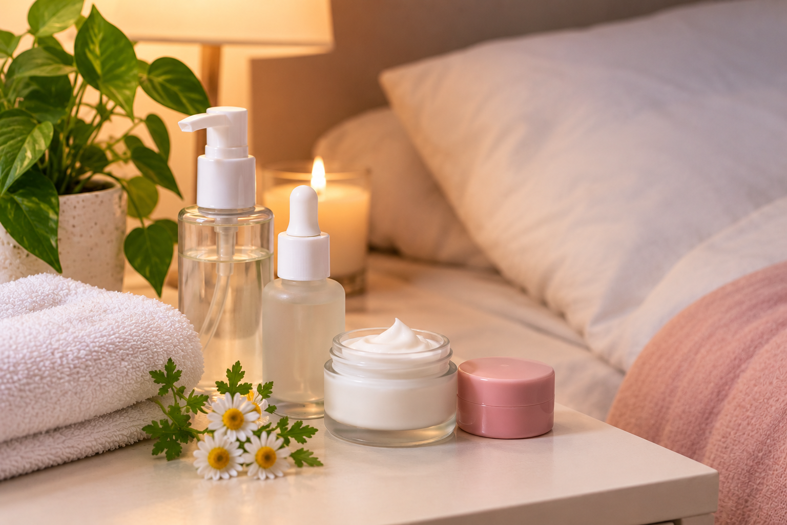 Simple nighttime skincare products with moisturizer, serum, cleanser, and a soft towel