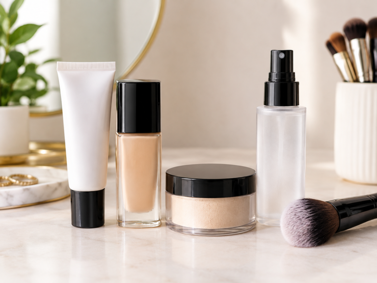 Makeup primer, foundation, setting powder, and setting spray arranged on a vanity