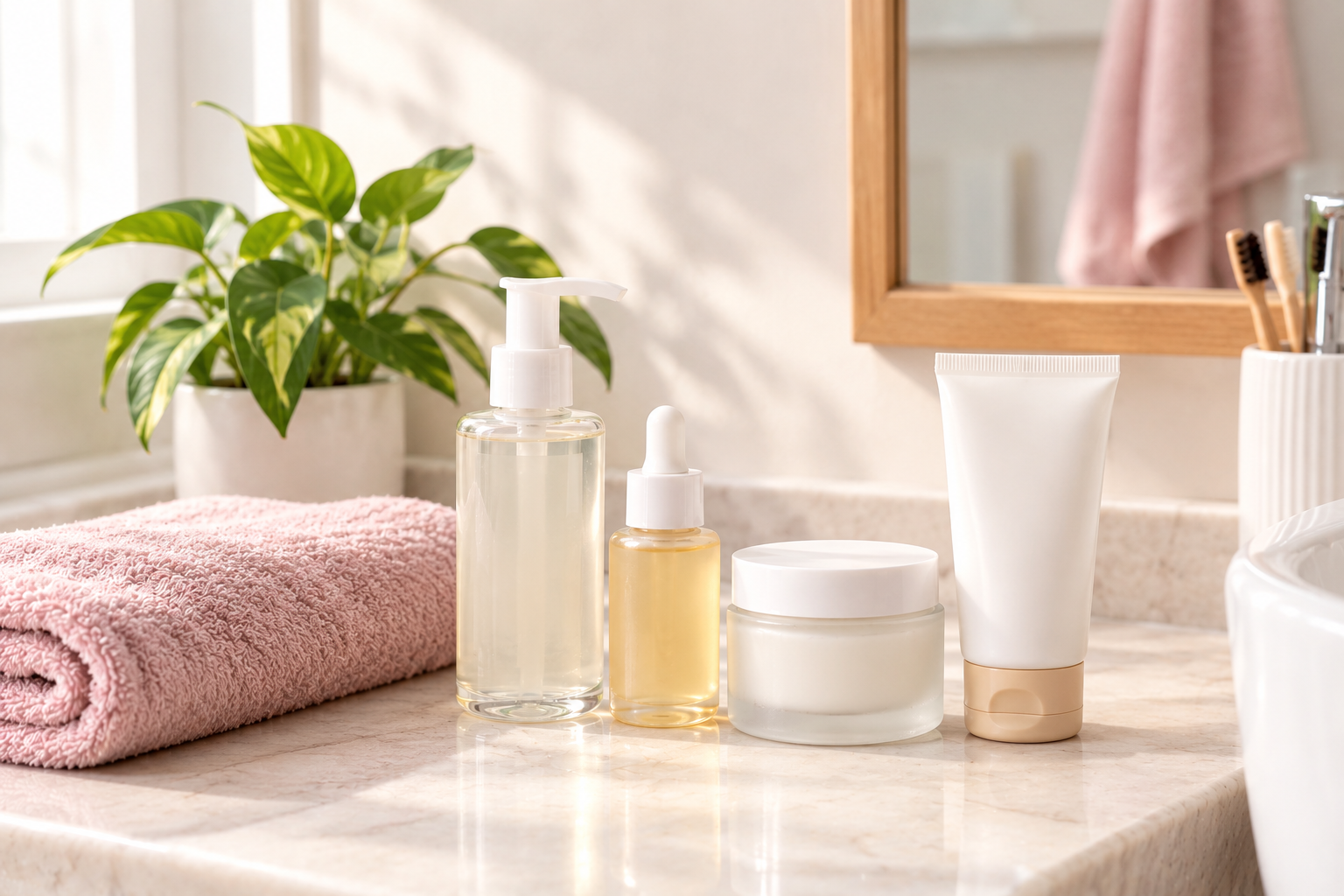 Morning skincare routine with cleanser, serum, moisturizer, and sunscreen on a bathroom counter