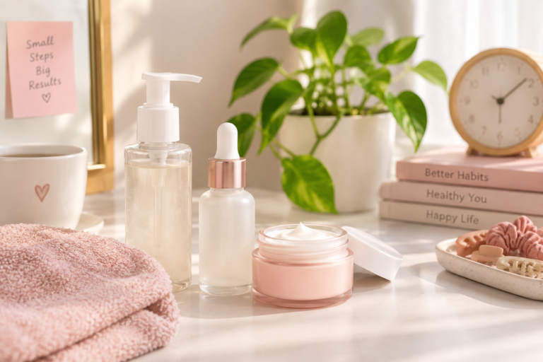 Simple skincare products including cleanser, serum, and moisturizer arranged on a vanity for busy women